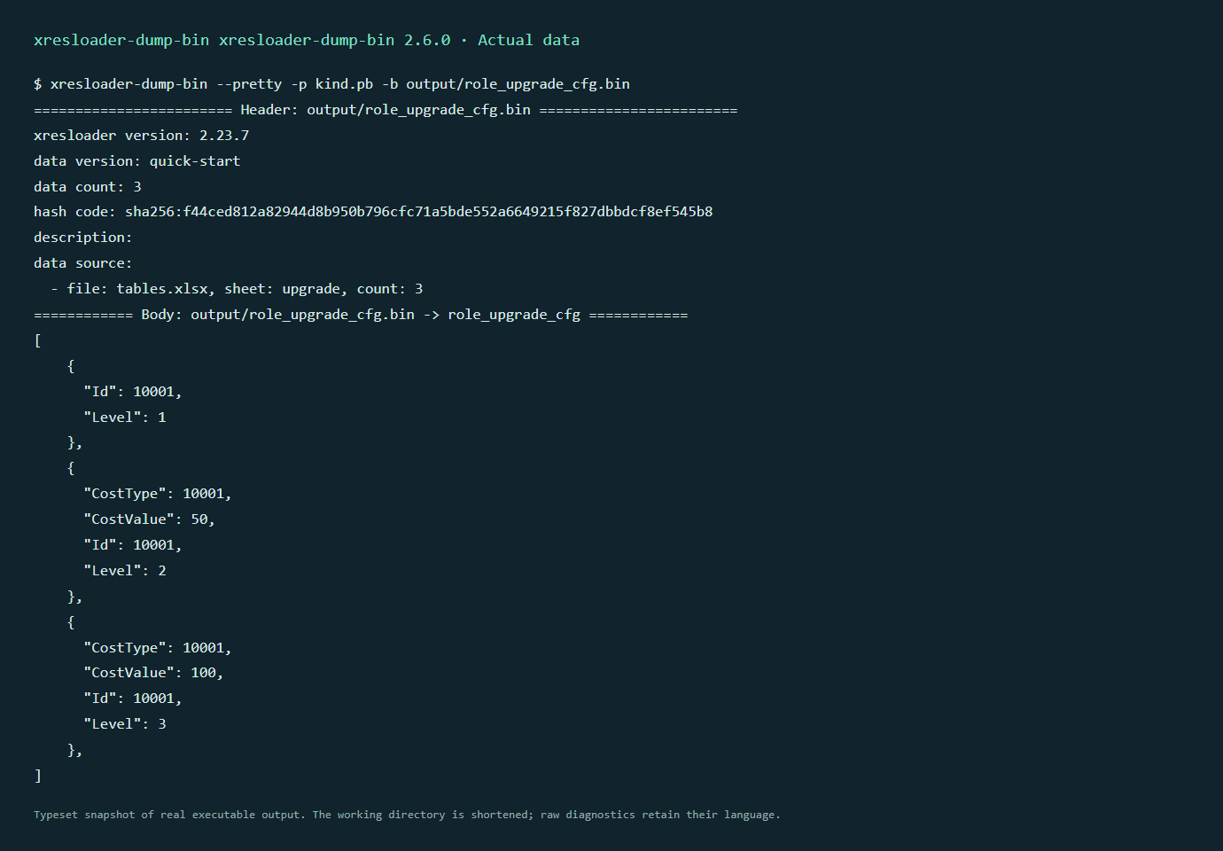 Actual dump-bin 2.6.0 output, typeset as a snapshot with the starter header and three records