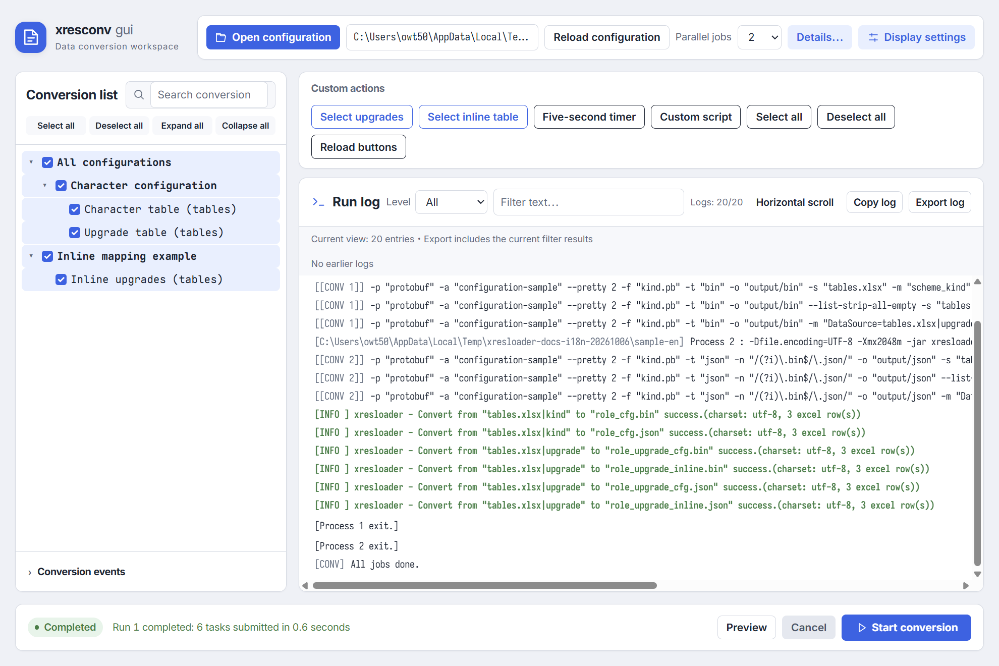 English light-theme workspace and actual starter conversion logs