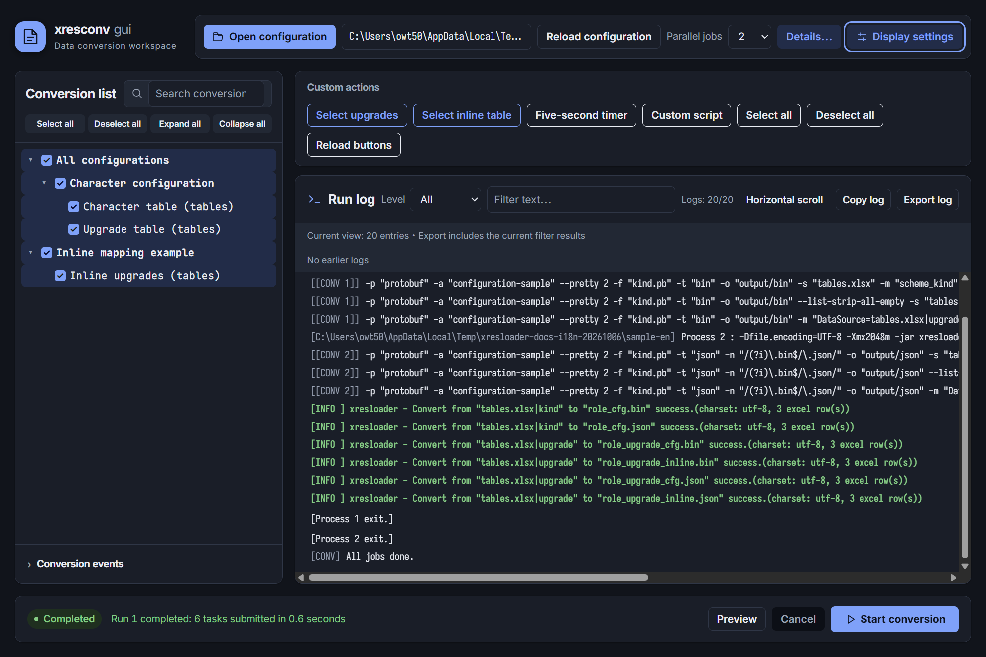 xresconv-gui 3.0 release with three entries selected, showing a completed conversion and six successful outputs