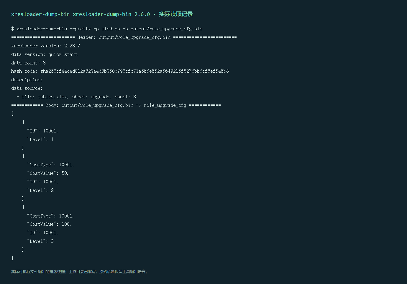 dump-bin 2.6.0 实际输出的排版快照,展示入门升级表的头信息与三条记录